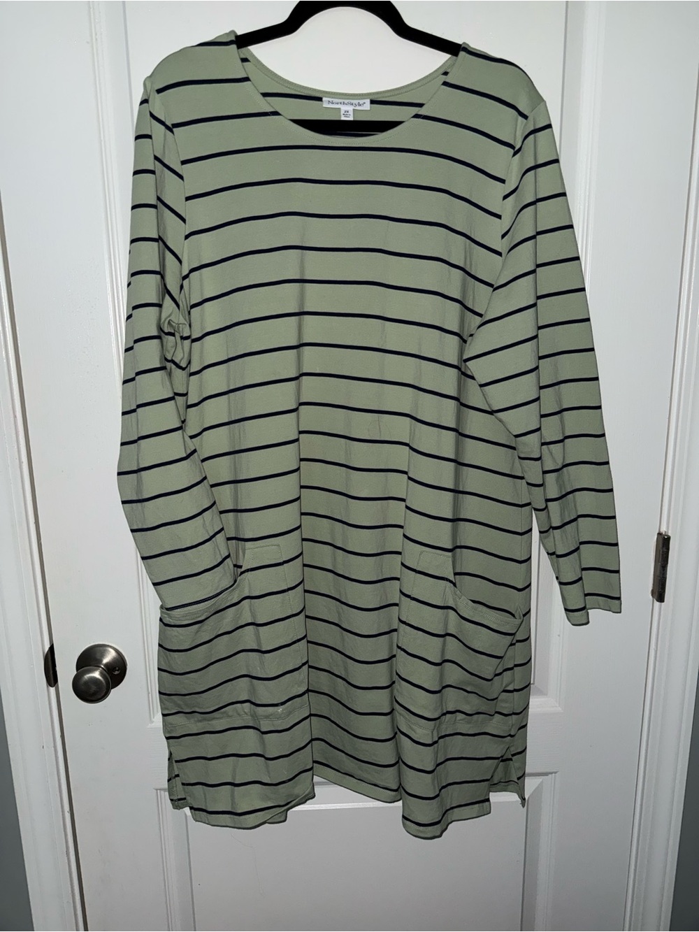 NorthStyle Sage Green and Navy Striped Long-Sleeve Pocket Dress